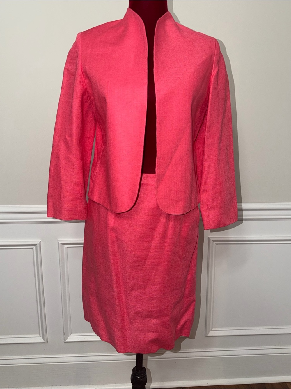 Vintage Gay Boyer New York Pink Skirt Suit Set Textured Linen Blend Made in USA